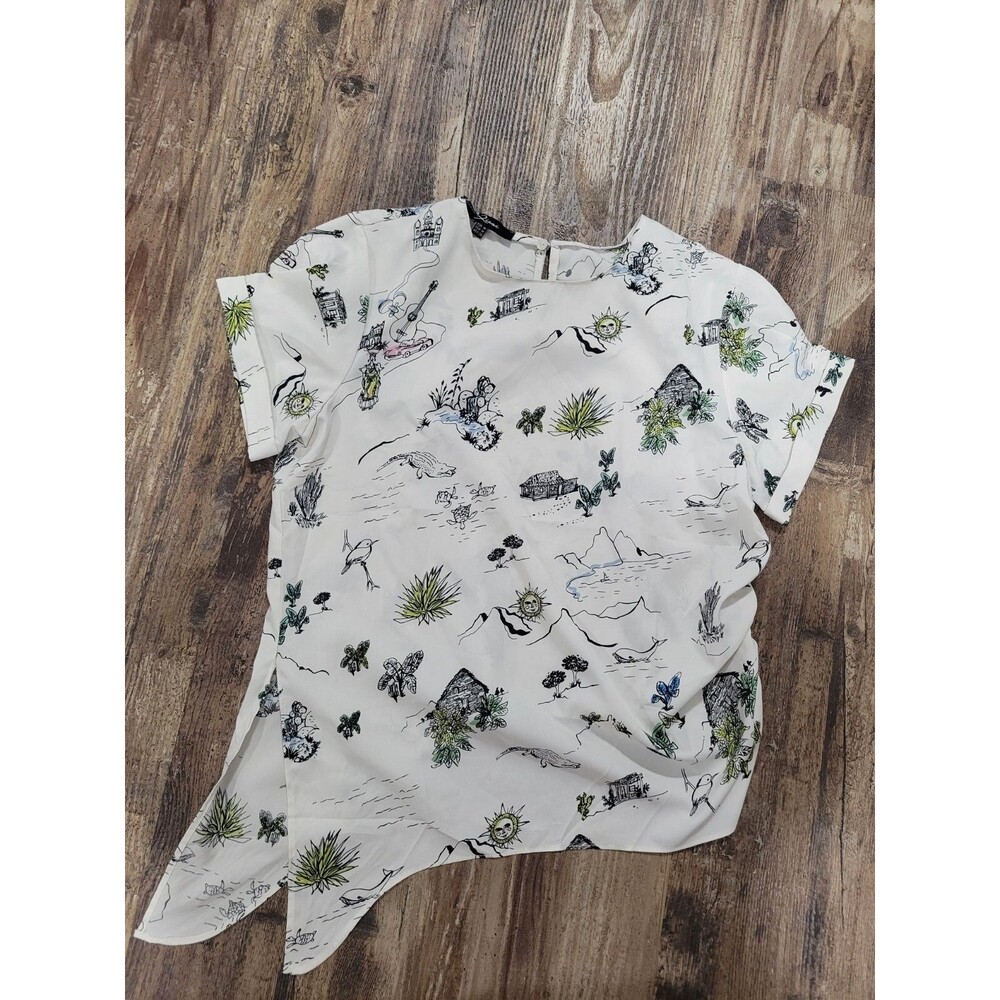 Zara Basics White Tropical Print Tie-Waist Asymmetric Hem Top Blouse Women's M